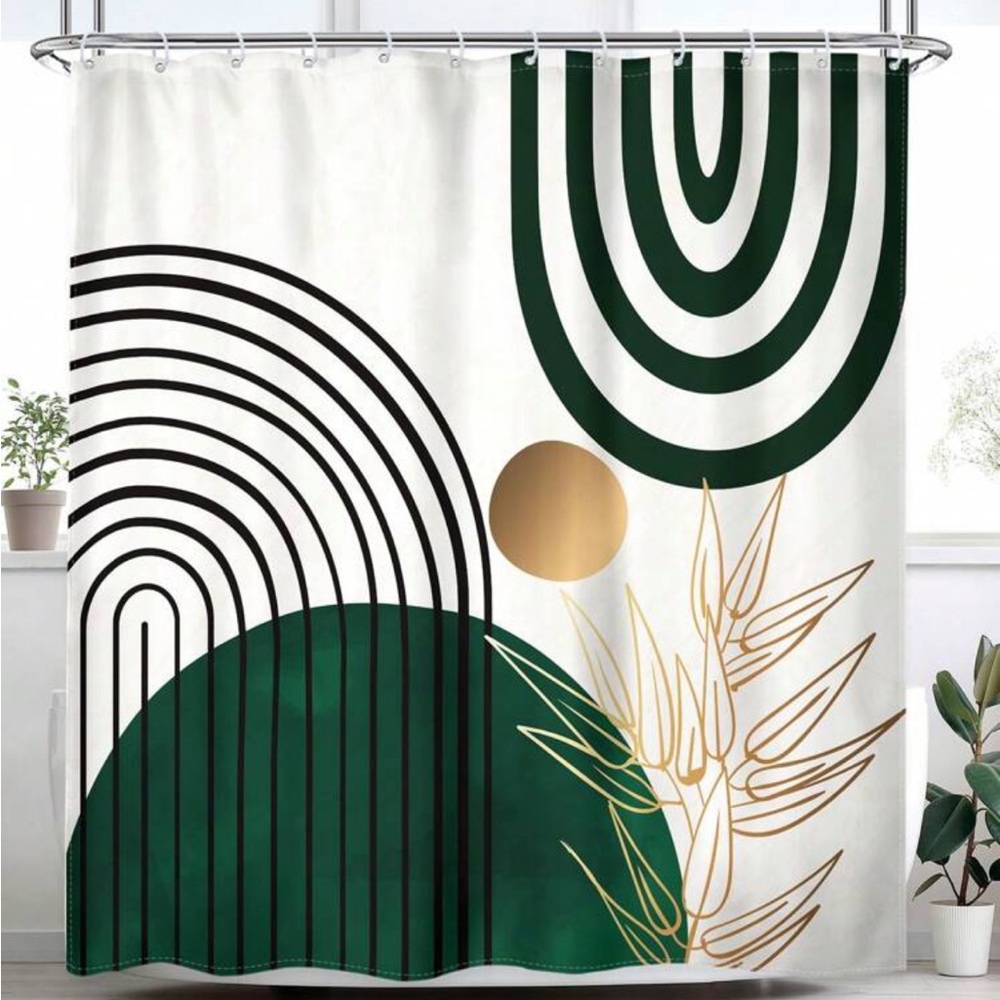 1pc Leaf Pattern Shower Curtain With 12pcs Hook, Modern Polyester Waterproof